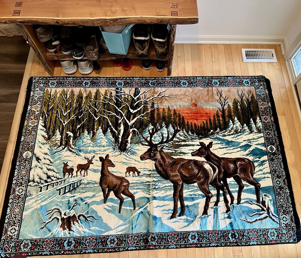 Vintage 70s Velvet Deer Buck Rug Tapestry Wall Hanging 74x49 MADE IN LEBANON